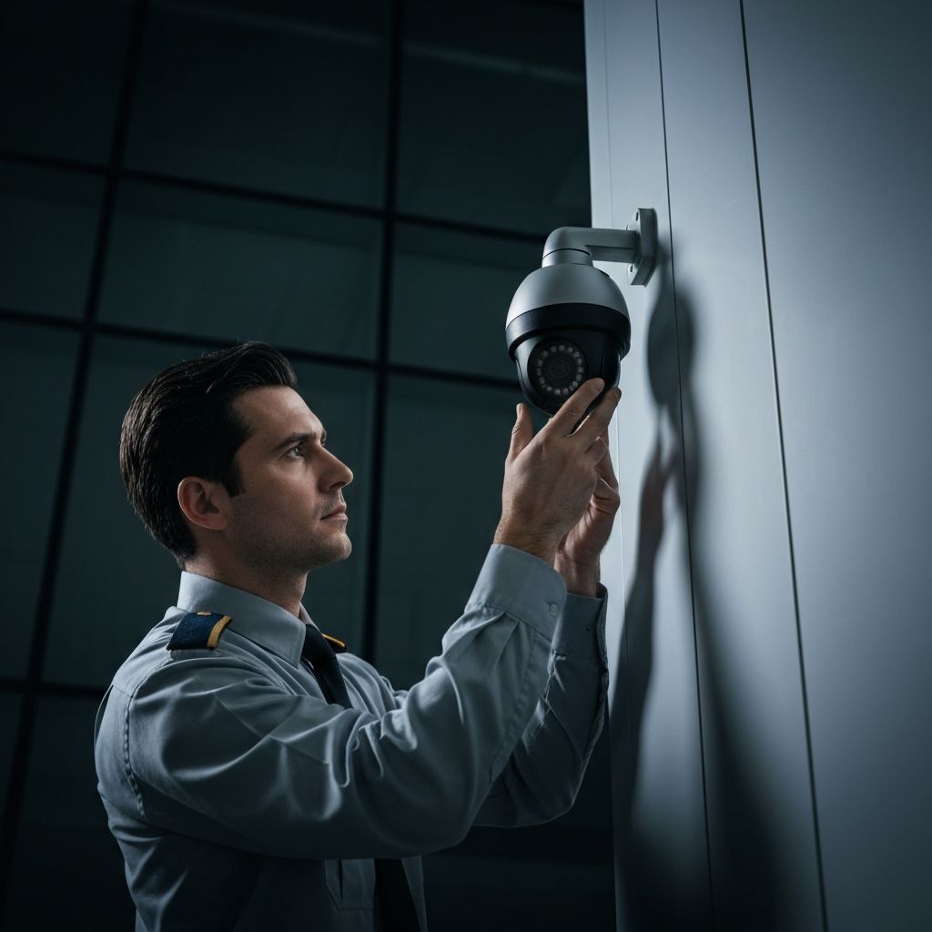 Professional CCTV technician installing security camera